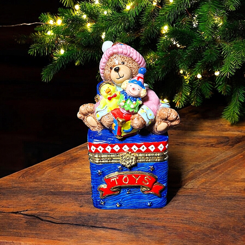 Vintage Porcelain Teddy Bear Toy Chest Trinket Box Square Top hinged Box